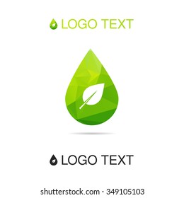 Ecology water logo or icon with leaf, nature symbol, drop sign. Vector