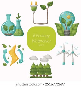 Ecologia aquarela energia verde sustentável, ecologia desenhada à mão eco tecnologia energia renovável, teste de química biológica, conjunto de vetor de coleta de pinheiros da floresta