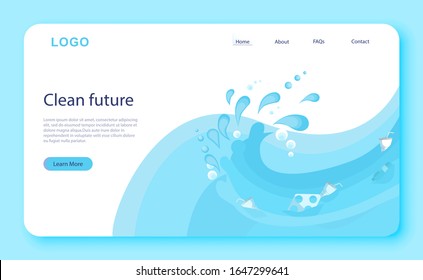 Ecology web banner concept. Ocean with plastic. Global ecology problem. Environmental plastic pollution. Isolated vector illustration in cartoon style