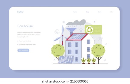 Ecology web banner or landing page. Alternative energy and green electricity for good environment. Eco-friendly house building with solar battery roof and wind farm. Flat vector illustration