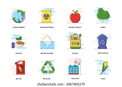 Ecology web concept stroke flat line icons isolated set. Climate, waste recycling bundle. Graphic linear symbols collection for website design. Vector conceptual pack outline pictograms for mobile app