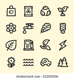 Ecology web icons.  Green technology, environment protection and recycling symbol, vector signs