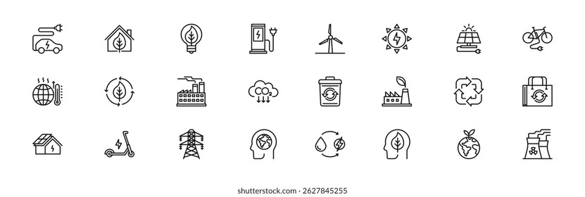 Ecology web icons in line style. Eco friendly, environmental sustainability, eco electric energy. Editable stroke. Vector illustration.