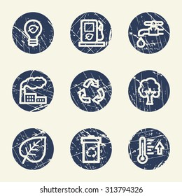 Ecology web icons set 1, grunge circle buttons