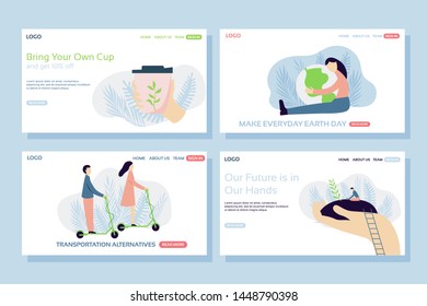 Ecology web page concepts. Web page design templates set of reusable cup, hugging the planet, transportation alternatives, planting a tree. Modern vector illustration designs for website development