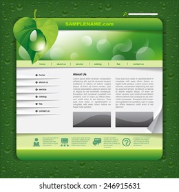 Plantilla de diseño del sitio web de ecología con hoja verde y gotas. Ilustración del vector