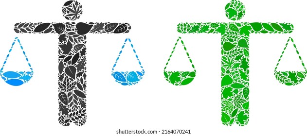 Ecology weight comparing person icon collage of floral leaves in green and natural color hues. Ecological environment vector template for weight comparing person icon.