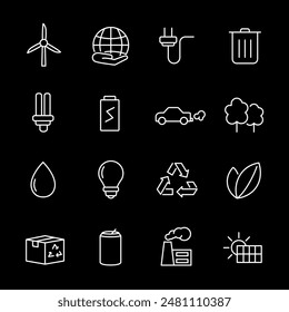 Ecology, white line icons. Environmental protection and conservation symbols. Essential for eco-friendly and sustainability themes. Symbols on black background. Editable stroke.