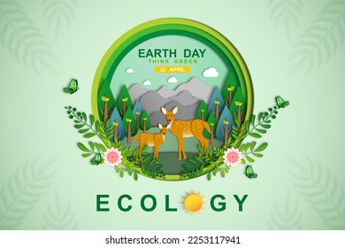 Ecology of Wild animals paper art style, Deers and Forest, Natural botanical, Environment conservation, Sustainable of Ecology concept, Think green nature, Save the planet, Eco friendly and Earth day.