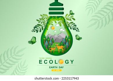 Ecology of Wild animals paper art style, Deers and Forest, Natural botanical, Environment conservation, Sustainable of Ecology concept, Think green nature, Save the planet, Eco friendly and Earth day.