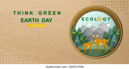 Ecology of Wild animals paper art style, Deers and Forest, Natural botanical, Environment conservation, Sustainable of Ecology concept, Think green nature, Save the planet, Eco friendly and Earth day.