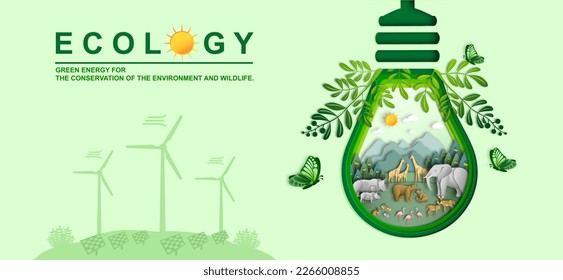 Ecology of Wild animals paper art style, Wildlife in the forest and Botanical, Environment conservation, Sustainable of Ecology concept, Think green energy, Save the planet, Eco friendly, Earth day.