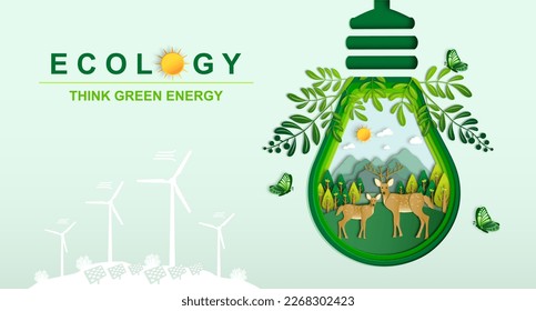 Ecology of Wild animals paper art style, Wildlife in the forest and Botanical, Environment conservation, Sustainable of Ecology concept, Think green energy, Save the planet, Eco friendly, Earth day.