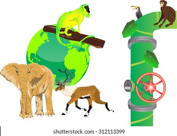 Ecology wildlife protection concept illustration. Elephant, deer, momkey, pipeline
