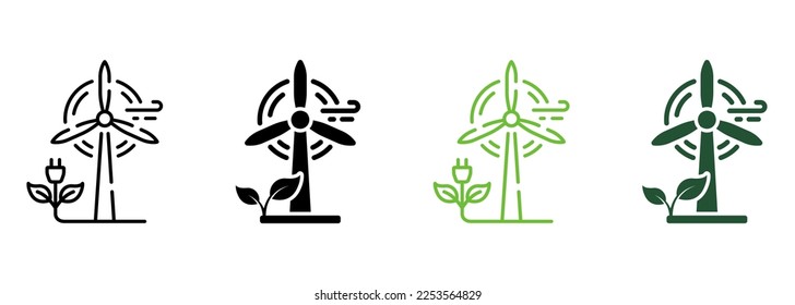 Ecology Windmill Line y Silhouette Icon Color Set. Pictograma de energía verde renovable ecológica. Colección de símbolos de energía eléctrica de la granja de molinos de viento en fondo blanco. Ilustración de vectores aislados.