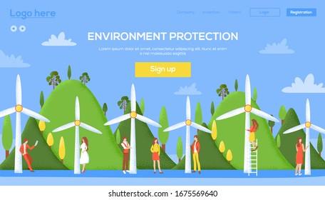 Molino de viento ecológico sobre el concepto de naturaleza flyear, banner web, ui header, entrar en el sitio. Persona con fondo de concepto de elementos. Ilustración de diseño página deslizante moderna. Textura del grano, efecto ruido