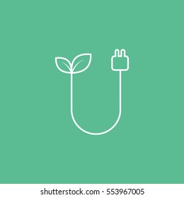 Ecology Wire With Leaf Line Icon On Green Background