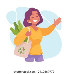Ecology with Woman Character Carry Reusable Shopping Bag Enjoy Sustainable Lifestyle Vector Illustration