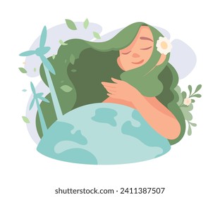 Ecology with Woman Character with Planet Enjoy Sustainable Lifestyle Vector Illustration