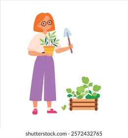 Ecology with Woman Character with Plant in Pot Save Planet Vector Illustration