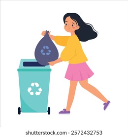 Ecology with Woman Character Throw Garbage for Recycle Save Planet Vector Illustration