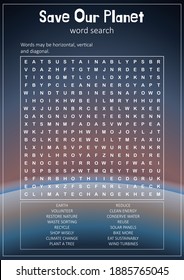 Ecology Word Search Puzzle. Save The Earth, Protect Our Planet, Environmental Theme, Climate Changes, Earth Day April 22. Educational Game. Vector Eps 10