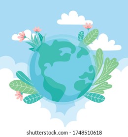 ecology world with flowers leaves clouds save planet protect nature and ecology concept vector illustration