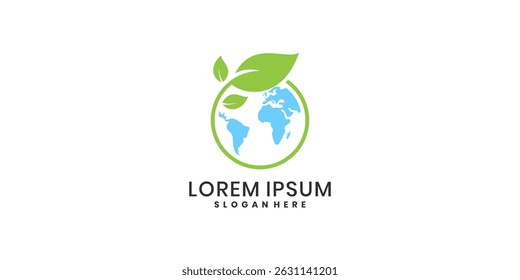Diseño del Vector del logotipo del mundo de la ecología, tierra de la combinación y símbolo de la hoja