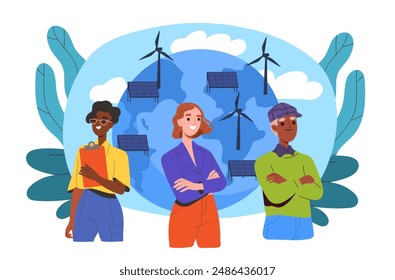 Ecology in world. Man and woman against backdrop of globe with windmills and solar panels. Green energy and sustainable lifestyle. Eco activists and volunteers. Cartoon vector illustration