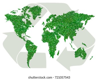 Ecology world map. Texture grass. Green sign of recycling. Vector illustration  isolated on white background. Symbol of careful attitude to the environment, eco-friendly goods, eco travel. Horizontal.