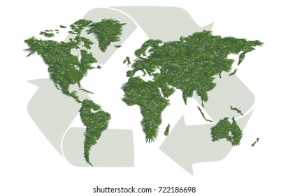 Ecology world map. Texture grass. Green sign of recycling. Vector illustration  isolated on white background. Symbol of careful attitude to the environment, eco-friendly goods. Horizontal location.