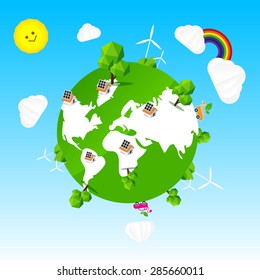 Ecology world tree sun cloud rainbow and sky, vector illustration, eps10