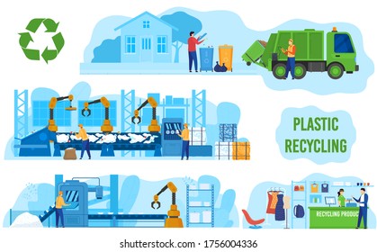 Ecology, Zero Waste Industry, Factory Processing And Recycling Plastic Vector Illustration. Enviroment And Ecology, Green Technology. Recycle Plant, Pollution Problems Process Solution.