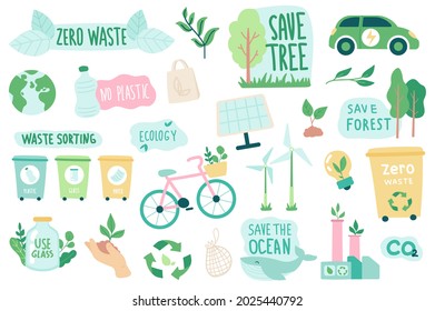 Ecology and zero waste isolated objects set. Collection of eco friendly quotes, green renewable energy, waste sorting, transport and industry. Vector illustration of design elements in flat cartoon