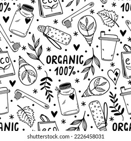 Ecology, zero waste, recycling - seamless vector pattern. Reusable tableware, organic, plastic free, environmental care. Simple black and white doodle, outline. Background for wallpapers, prints, web
