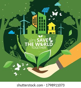 Ecology.Green cities help the world with eco-friendly concept ideas.vector illustration