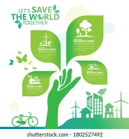 Ecology.Green cities help the world with eco-friendly concept ideas.info graphic template vector illustration