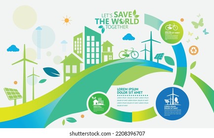 Ecología.Las ciudades verdes ayudan al mundo con ideas conceptuales ecológicas.ilustración vectorial