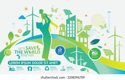 Ecología.Las ciudades verdes ayudan al mundo con ideas conceptuales ecológicas.ilustración vectorial