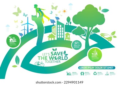 Ecología.Las ciudades verdes ayudan al mundo con ideas conceptuales ecológicas.ilustración vectorial