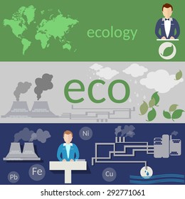 Ecology,world pollution, Environmental Conference, waste of factories and plants, vector banners  