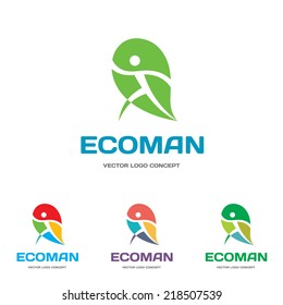 EcoMan - vector logo template concept illustration. Human character figure on green leaf. Ecology and bio product creative sign. Nature symbol. 