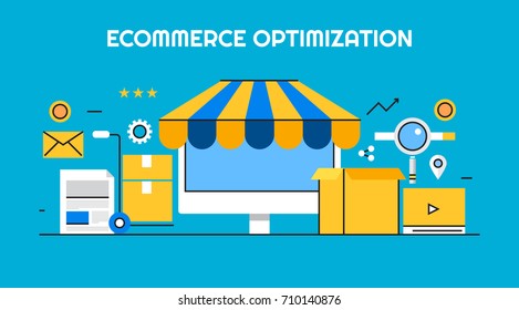 eComemrce optimization, On-line shopping, eCommerce marketing, flat line vector banner with icons and elements isolated on blue background