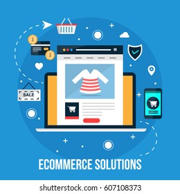 Ecomemrce Solution, on-line shopping, e-marketing vector concept with icons