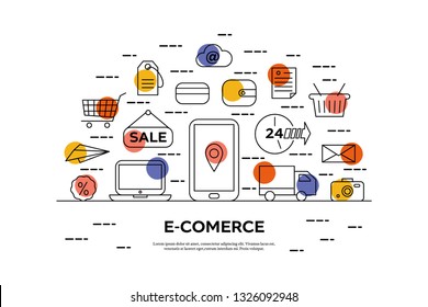 E-comerce concept in thin line style with different icons and colorful spots. Vector illustration in modern minimalistic style.