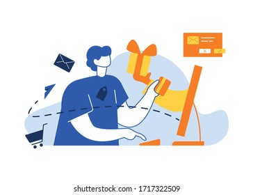 E-comerce vector flat illustration. seller and buyer, marketplace.