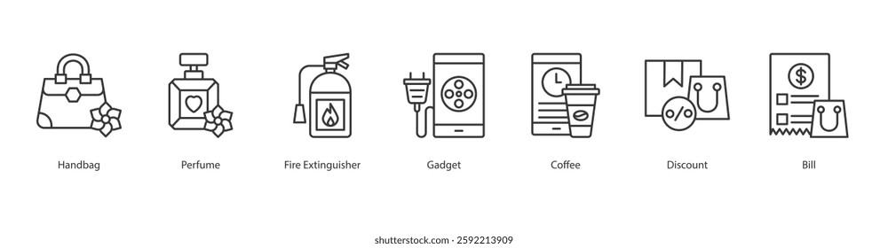 Ecomers Icon Sheet handbag, perfume, fire extinguisher, gadget, coffee, discount, bill