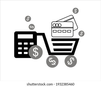 ecomerse shopping cart, calculator, money and payment card vector illustration design