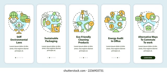 Eco-minded business traits onboarding mobile app screen. Environmental walkthrough 5 steps editable graphic instructions with linear concepts. UI, UX, GUI template. Myriad Pro-Bold, Regular fonts used