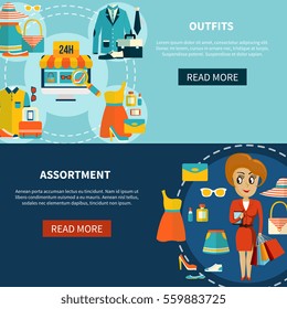 E-commerce 2 colorful horizontal banners set with clothes outfits store symbols read more button light dark blue background flat vector illustration